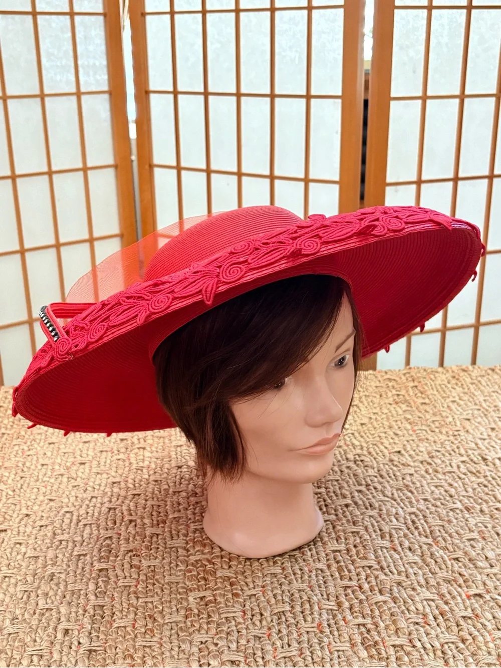 Wide-Brim Decorative Red Women's Hat with Braided Trim & Tulle Flower